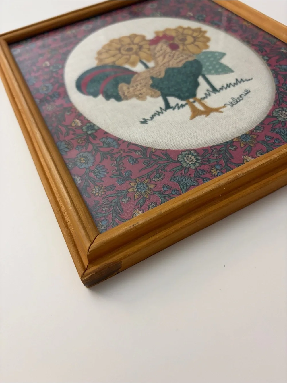 Vtg 1980s Valorie Folk Art Dimensional Applique Farmhouse Rooster Wood Frame